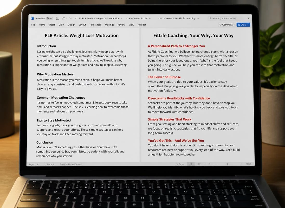 Close-up of a laptop screen showing a split document view with a generic PLR article on the left and a customized branded version on the right with rewritten introduction and new subheadings highlighted in red
