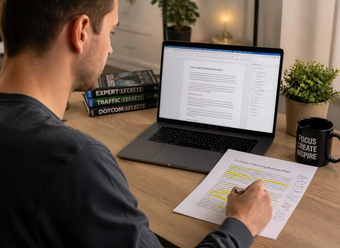 Focused content creator at a clean modern desk editing a PLR article on a laptop with handwritten notes and highlights on specific paragraphs