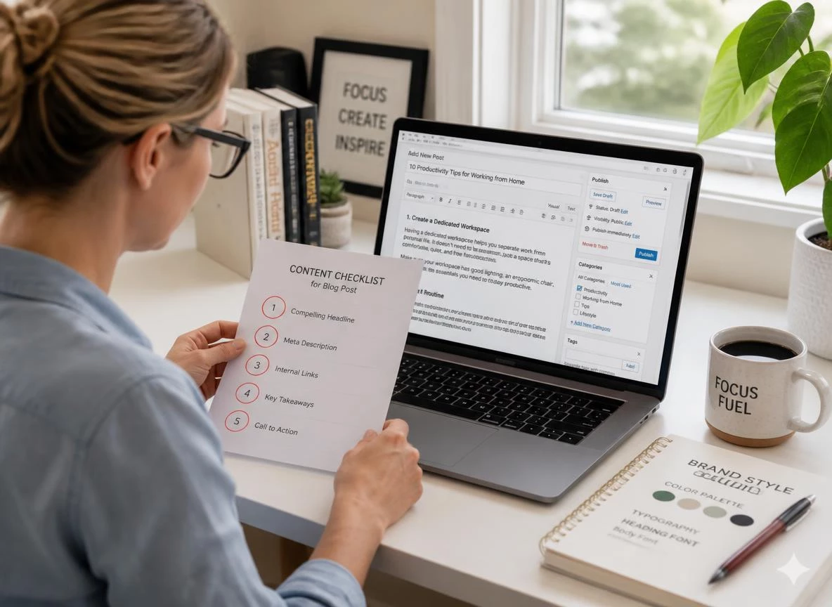 Productive writer at a bright home office desk reviewing a printed content checklist with five items circled in red pen beside a laptop showing a blog post draft in progress