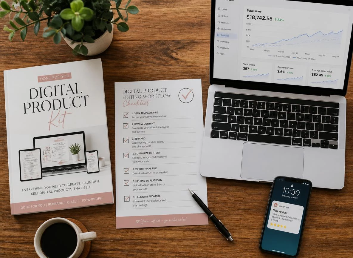 Top-down flat lay of a desk showing a finished branded digital product mockup, a completed editing checklist, a laptop with rising sales analytics, and a smartphone showing a positive customer review notification