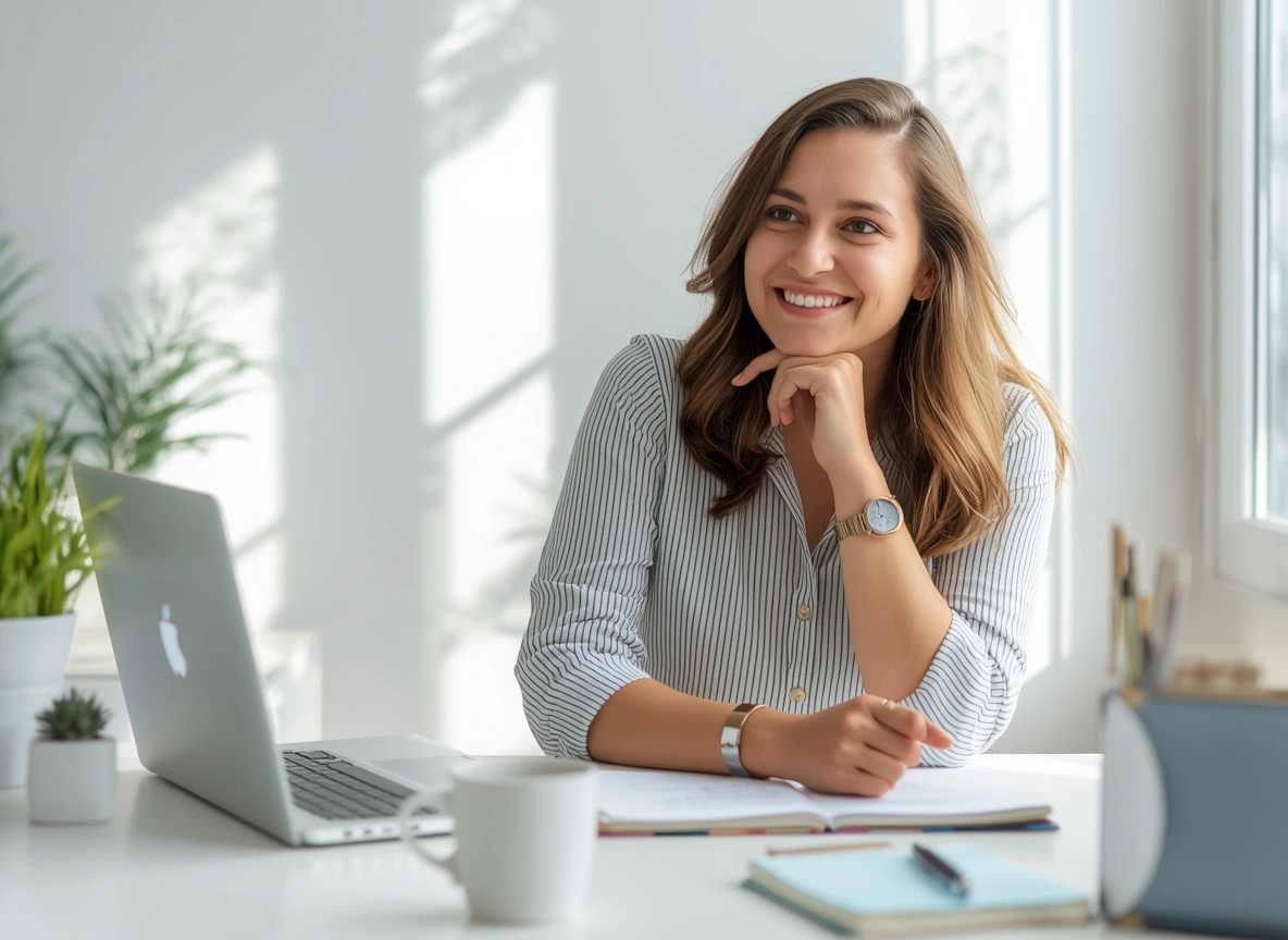 Content creator thriving at an organized bright workspace customizing PLR products