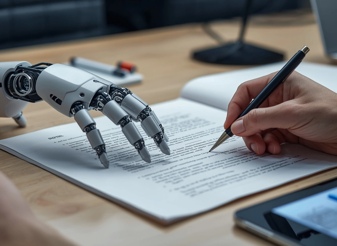 Robot hand next to human hand editing a document representing AI assisted PLR customization