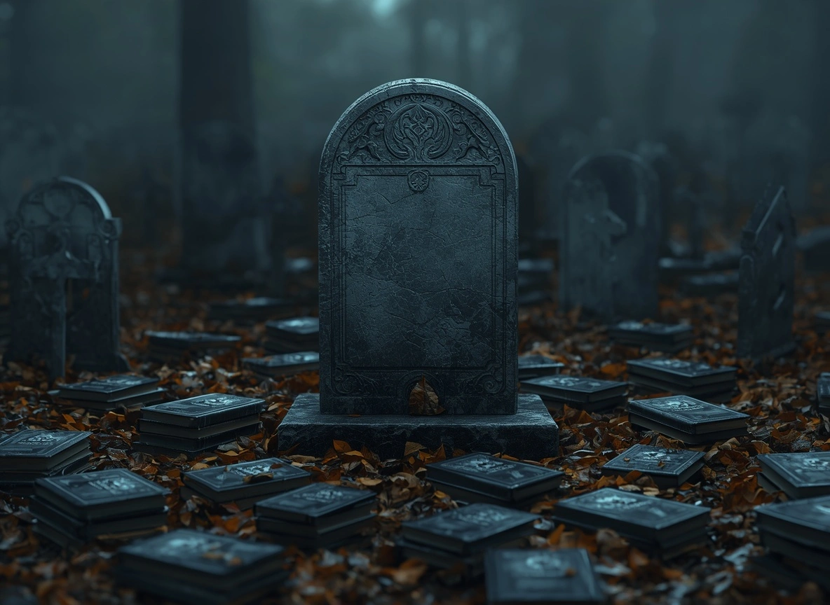 Tombstone surrounded by generic identical unedited PLR ebook covers symbolizing lazy content