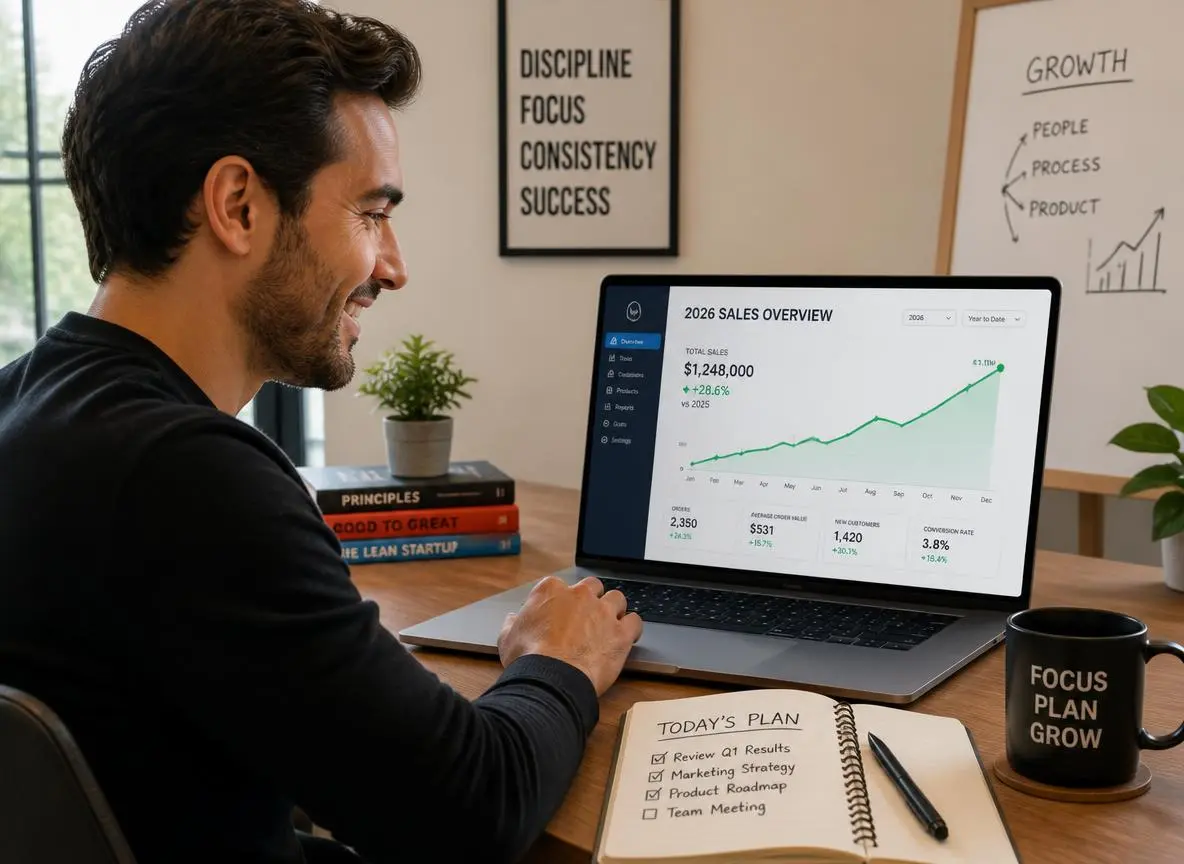 Entrepreneur reviewing a rising 2026 sales dashboard for AI-proof digital products