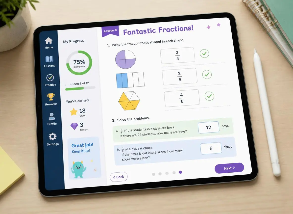 Interactive digital workbook glowing on a tablet showing multimedia product formats