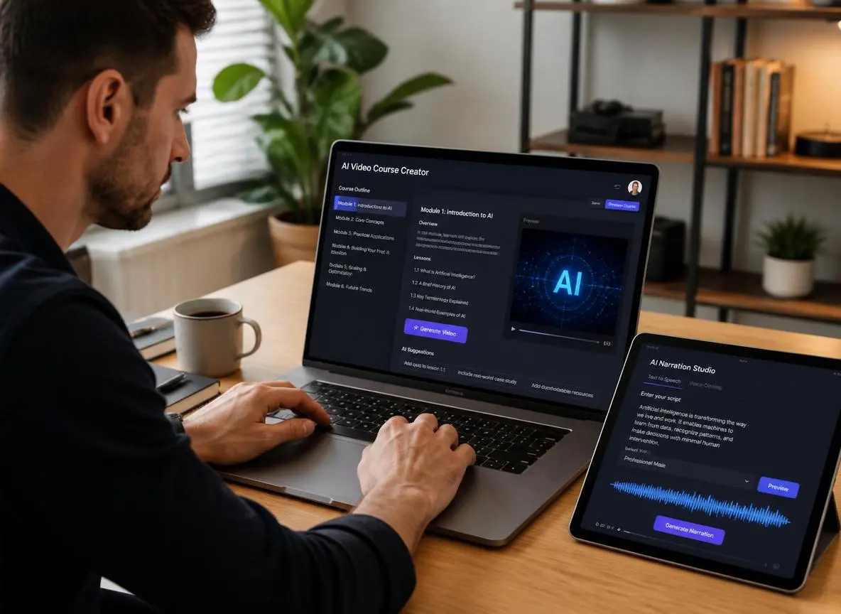 Focused entrepreneur at a modern desk with a laptop displaying an AI video course creation interface and course module outlines on screen