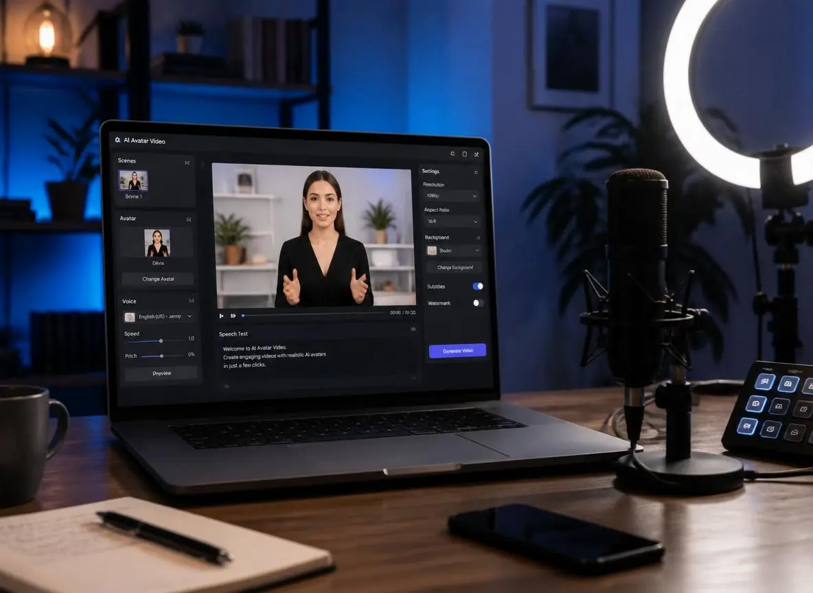 Home studio setup with a laptop running AI avatar video generation software showing a digital presenter, microphone and ring light nearby with blue ambient lighting