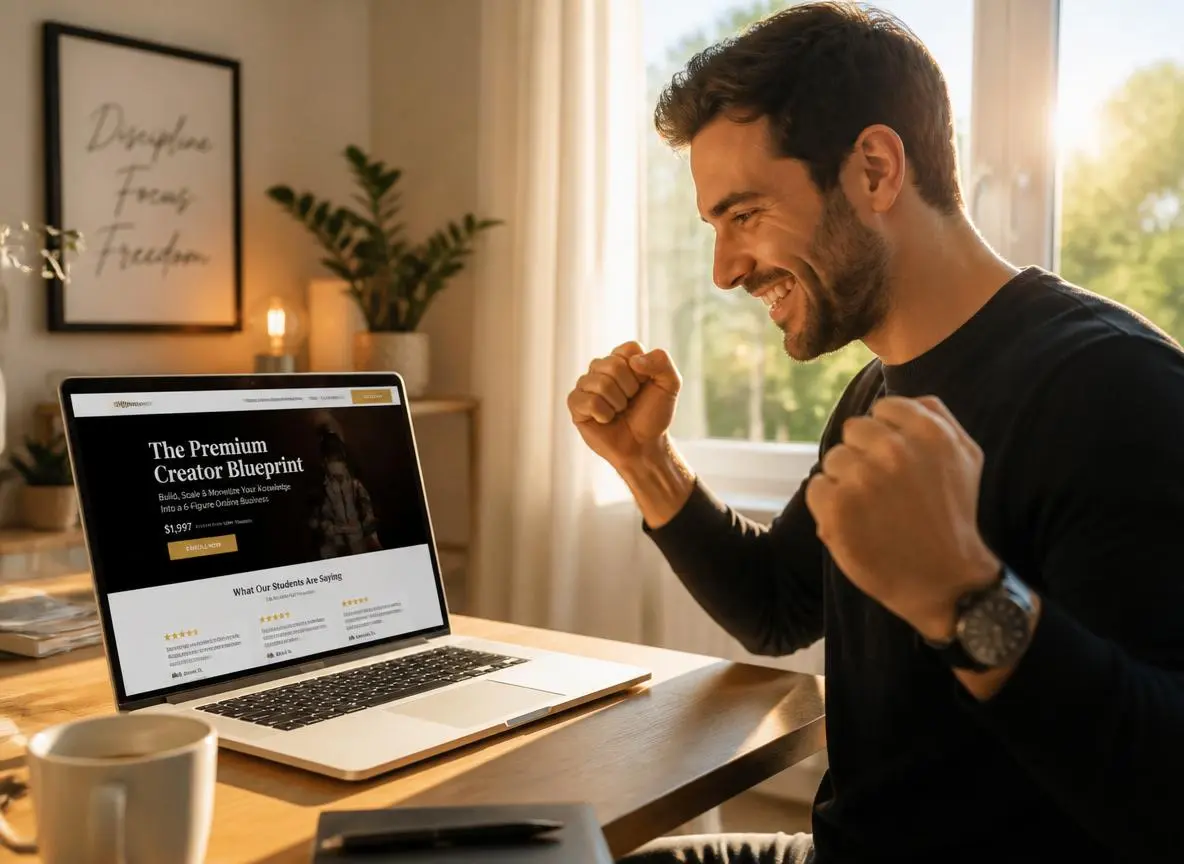 Smiling entrepreneur celebrating at a home office desk with a laptop screen showing a polished premium course sales page with a high price point and positive student reviews