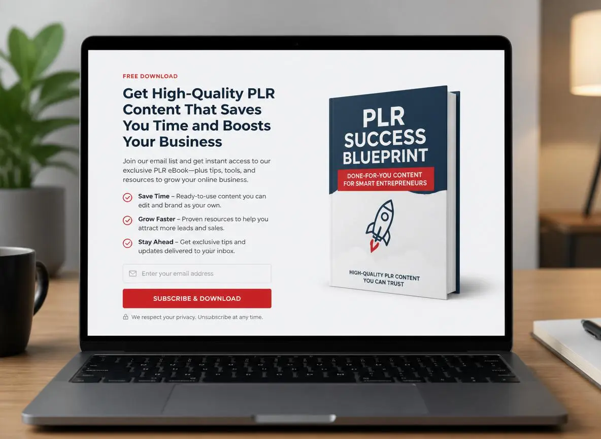 Clean laptop screen displaying a minimal email opt-in landing page with a headline, benefit bullet points, and a subscribe button, alongside a branded PLR lead magnet ebook mockup