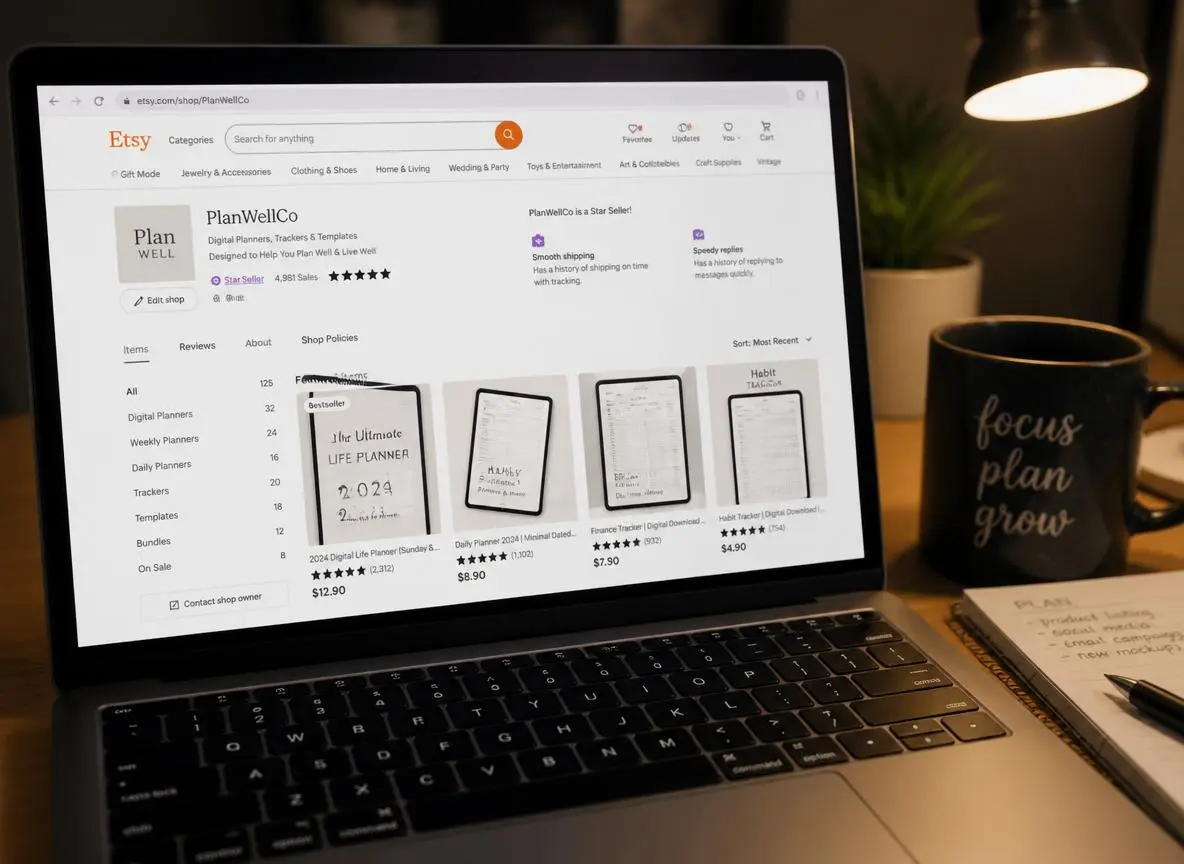 Close-up of a laptop screen showing an active Etsy shop storefront with digital download product listings, star ratings, and thumbnail mockups