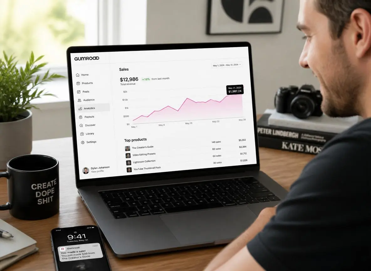 Creator at a home office desk reviewing a Gumroad seller dashboard on a laptop showing sales analytics with rising revenue graphs and product listings
