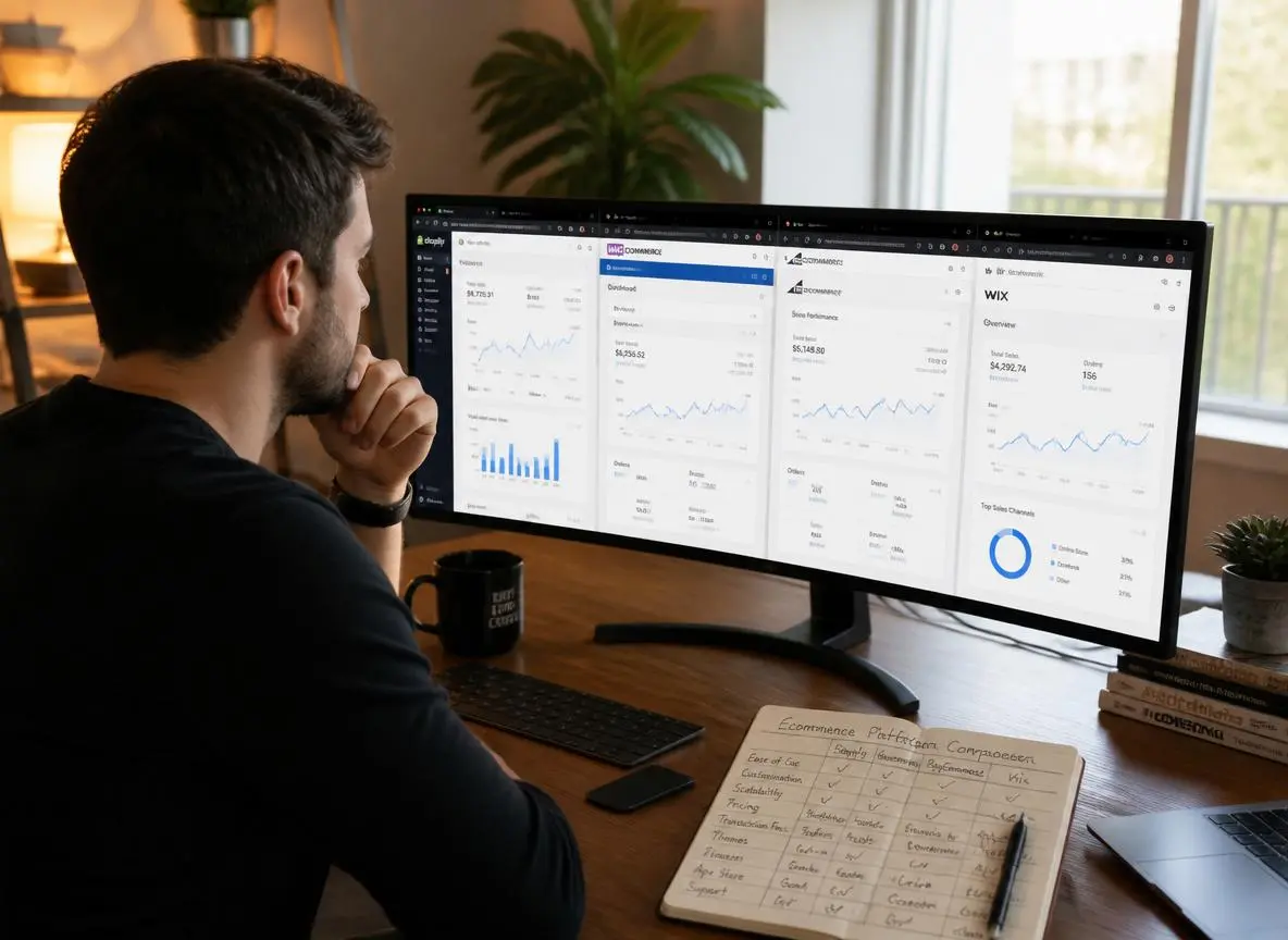 Focused digital entrepreneur at a desk comparing multiple ecommerce platform dashboards side by side on a large monitor with platform comparison notes