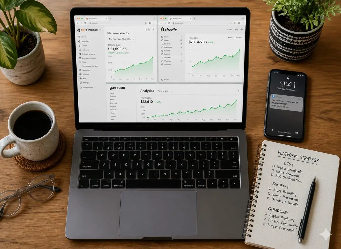 Top-down flat lay of a desk with a laptop showing multiple digital storefront tabs including Etsy, Shopify, and Gumroad all displaying green revenue charts