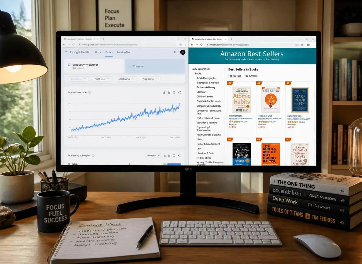 Large monitor showing Google Trends data with a steadily rising five-year search volume graph for a productivity topic and a second browser tab showing Amazon bestseller category rankings