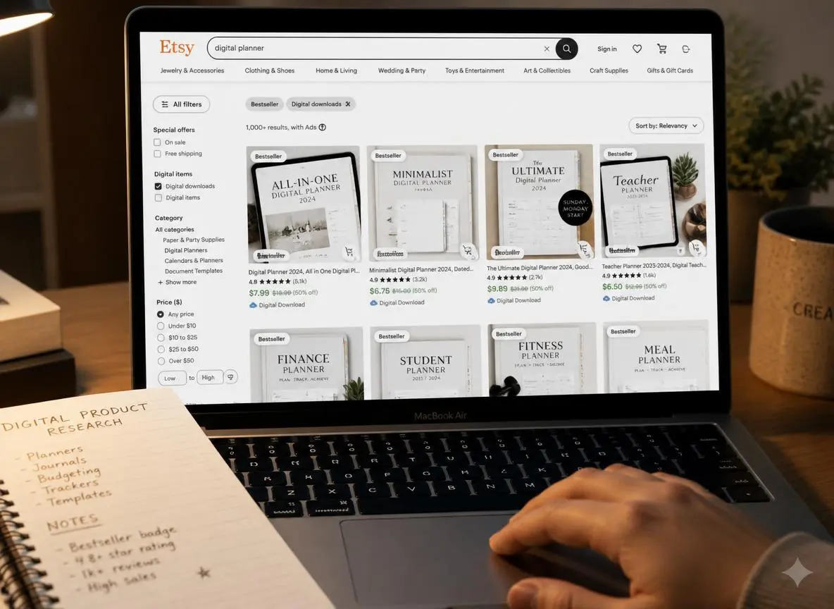 Close-up of a laptop screen showing an Etsy search results page filtered by bestseller digital downloads with product thumbnails, review counts, and sales badges visible