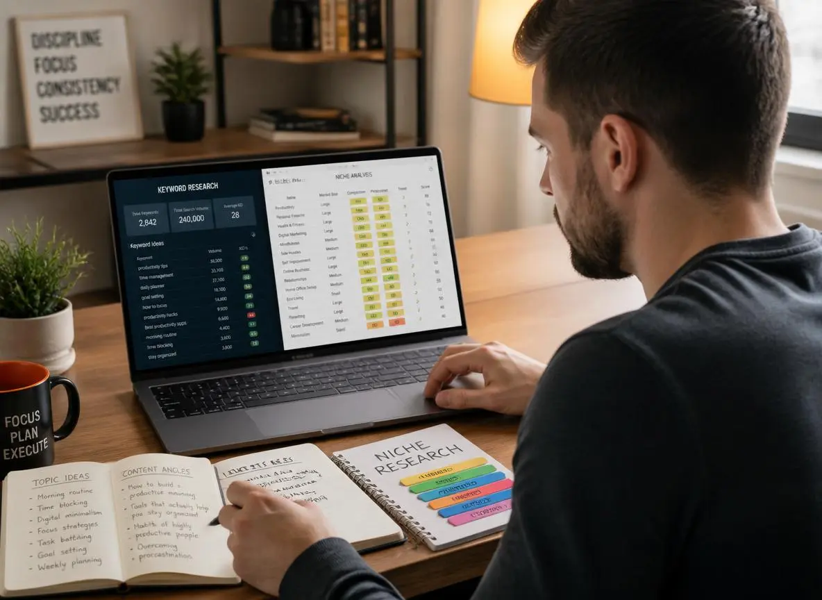 Focused digital entrepreneur at a clean modern desk with a laptop displaying a keyword research dashboard and niche analysis spreadsheet with color-coded topic research notes