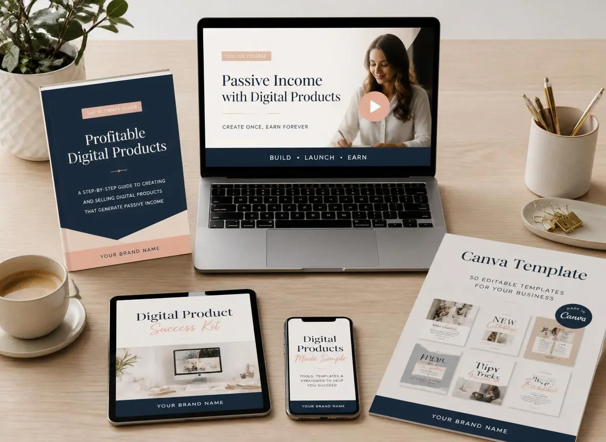Clean modern desk flat lay showing multiple digital product mockups including an ebook cover, Canva template printout, and course thumbnail on a laptop screen in consistent brand colors