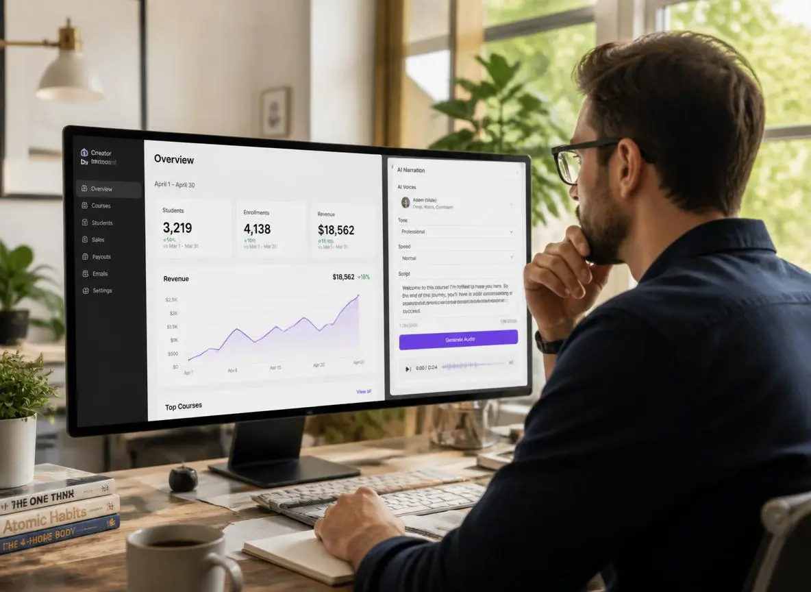 Focused creator at a bright home office desk reviewing an online course hosting dashboard showing enrollment numbers and revenue graphs with AI narration software open in a second window