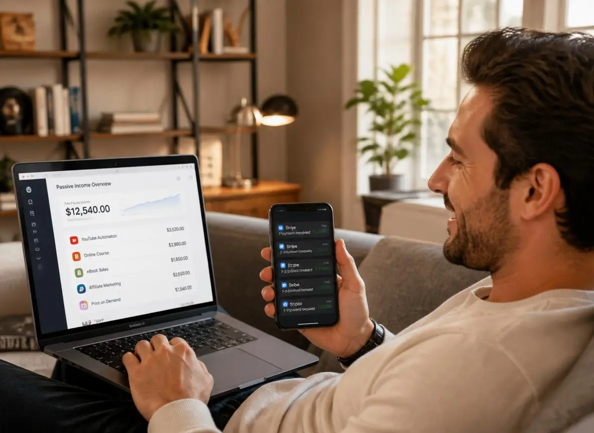 Smiling entrepreneur relaxing on a sofa with a laptop showing multiple passive income streams on a dashboard and payment notifications on a smartphone