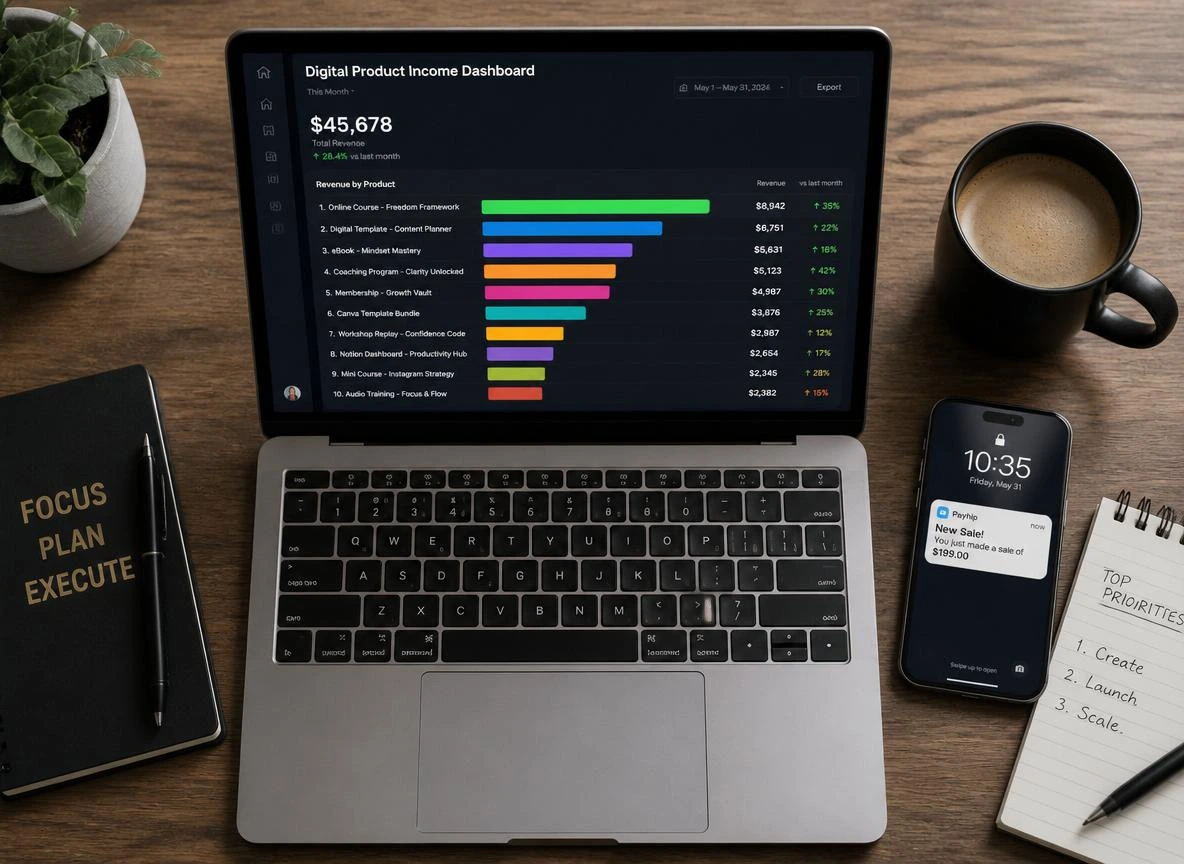 Top-down flat lay of a wooden desk with a laptop showing a digital product income analytics dashboard with ten revenue streams displayed as colored bars trending upward and a sales notification on a smartphone