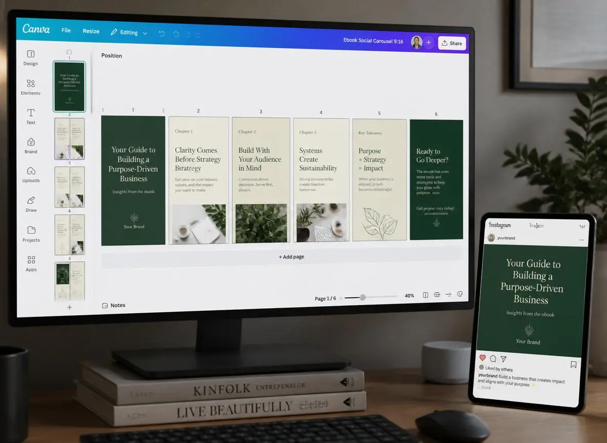 Close-up of a large monitor displaying a Canva workspace with a social media carousel design based on ebook content, a tablet beside the desk showing an Instagram preview in consistent brand colors