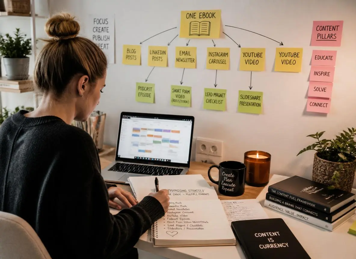 Creative entrepreneur at a modern desk surrounded by sticky notes mapping a single ebook to multiple content formats with a laptop open to a content calendar