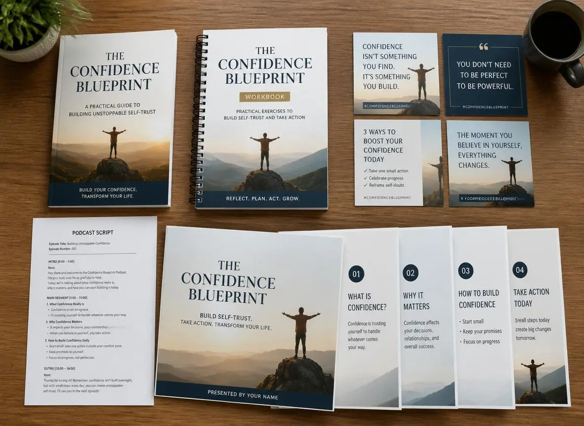 Flat lay overhead showing a printed PLR ebook, spiral-bound workbook, printed social media graphics, podcast script, and webinar slide deck all spread out from a single source