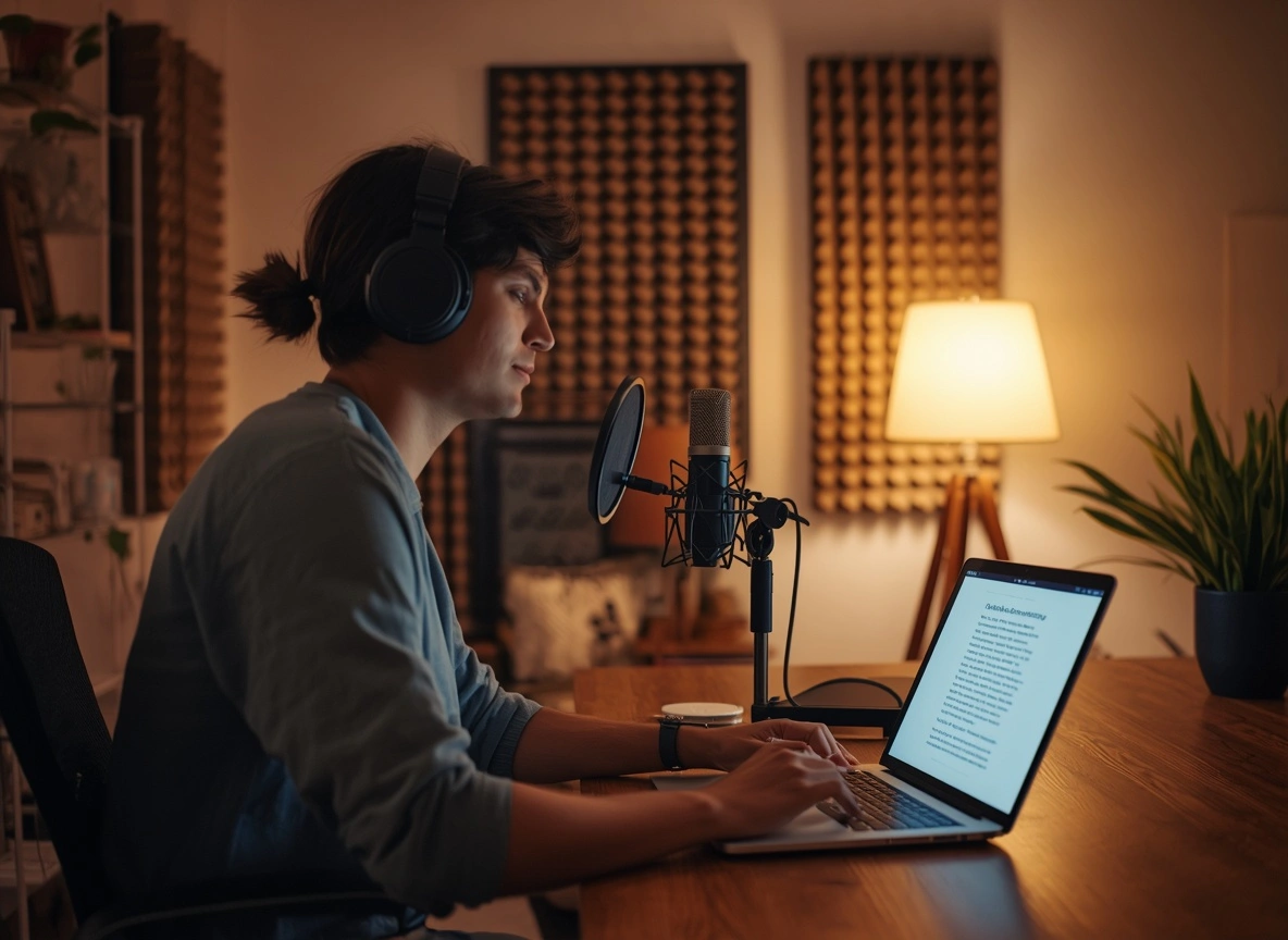 Focused content creator recording a podcast episode with a professional microphone, a laptop showing a script derived from a digital product ebook, soundproofing foam panels visible in the background