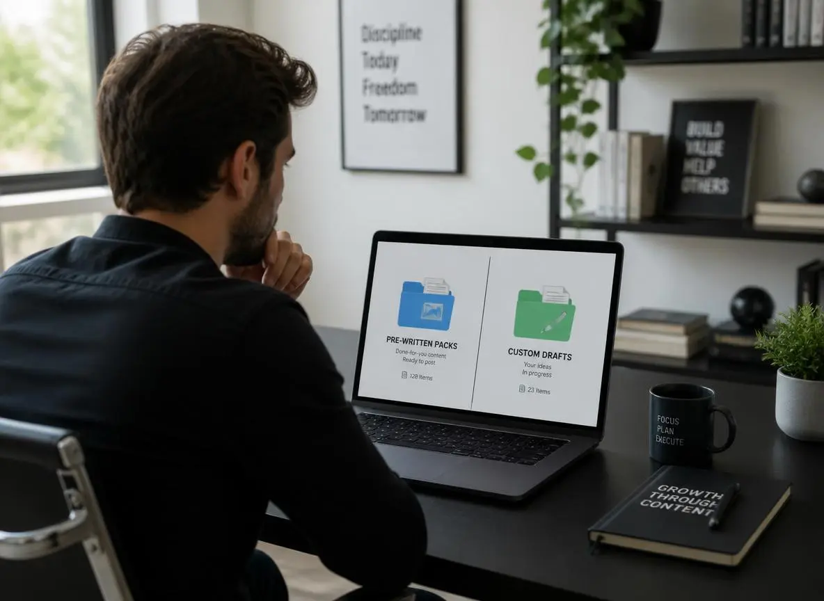 Entrepreneur at a desk comparing PLR content and ghostwriting as two content strategy options