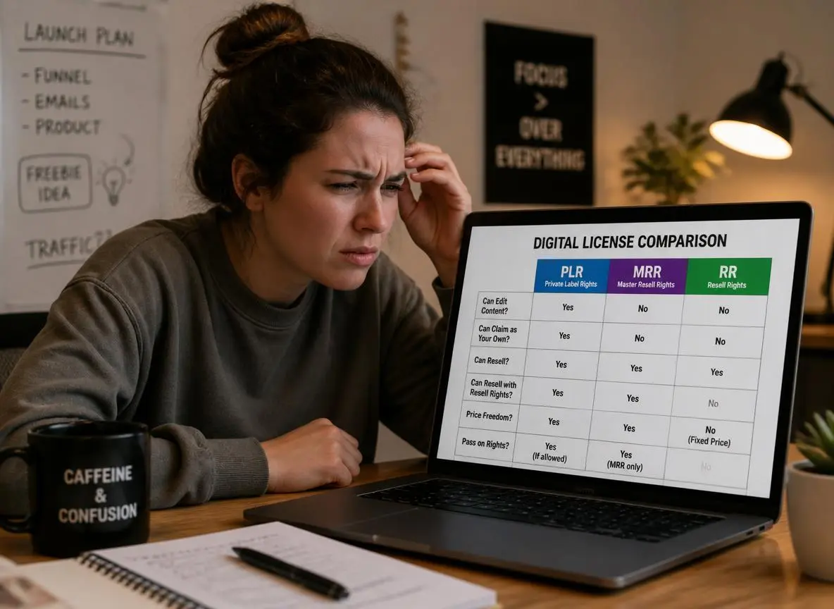 Entrepreneur comparing PLR MRR and resell rights license types on a laptop