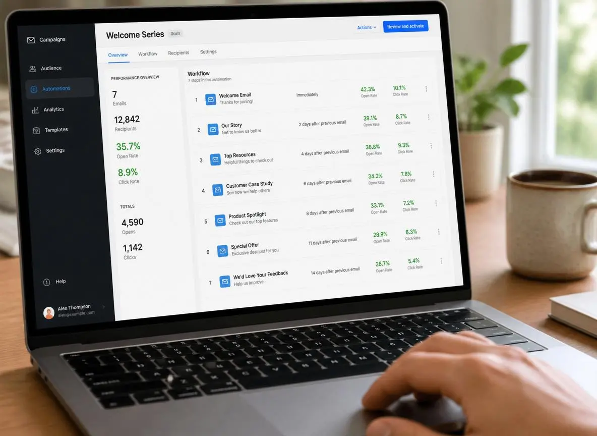 Close-up of a laptop screen showing an email marketing automation dashboard with a seven-step drip sequence mapped out in a visual workflow with open rate statistics in green