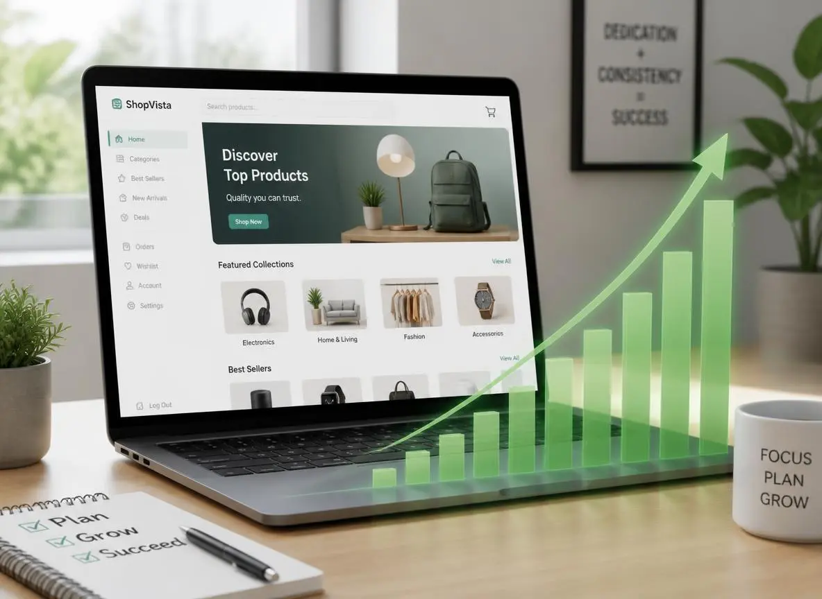 Rising growth chart beside a digital storefront screen representing PLR business momentum