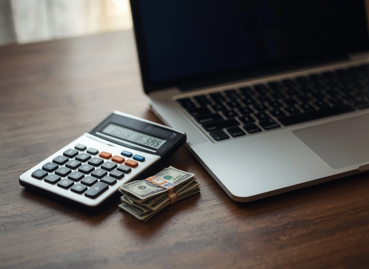 Calculator and cash beside a laptop representing realistic PLR reselling income
