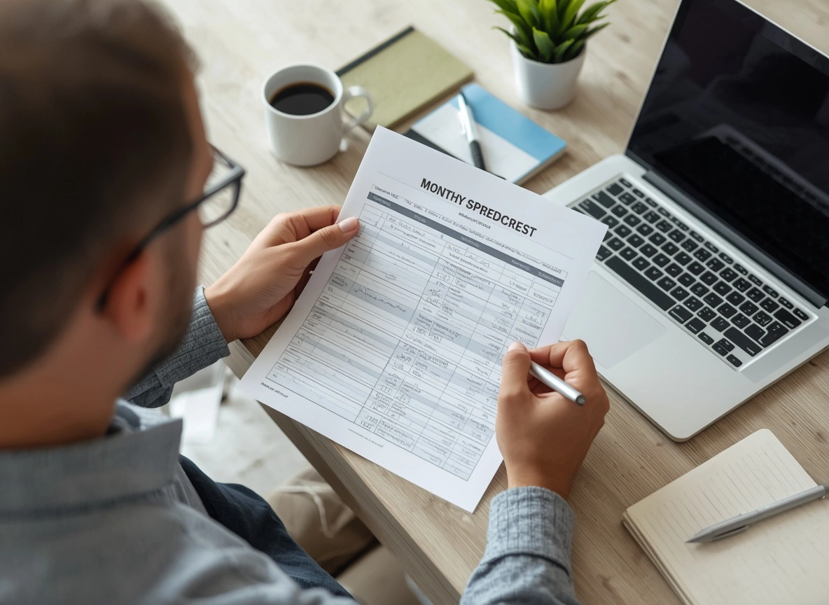 PLR seller reviewing a monthly income spreadsheet at home to track real profit