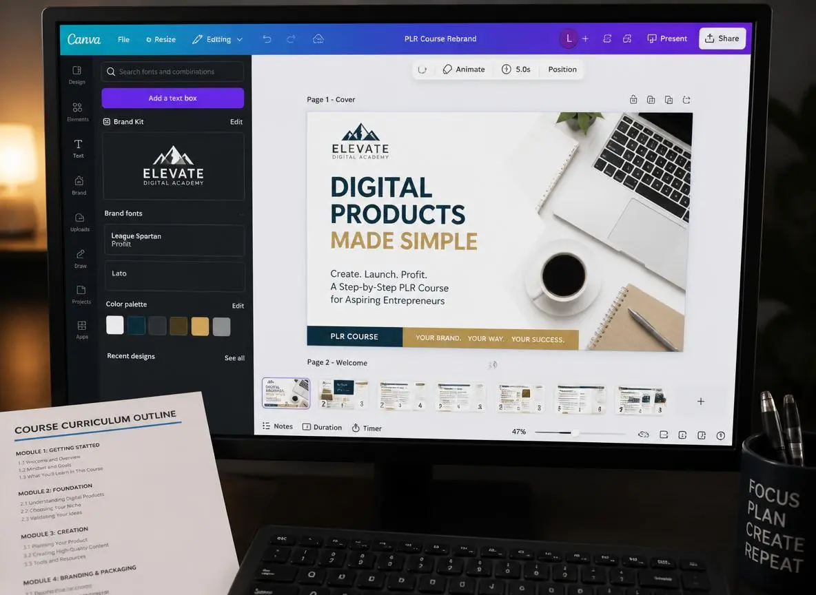 Close-up of a large monitor showing a Canva design workspace where a PLR course module is being rebranded with custom colors, a new logo, and polished typography