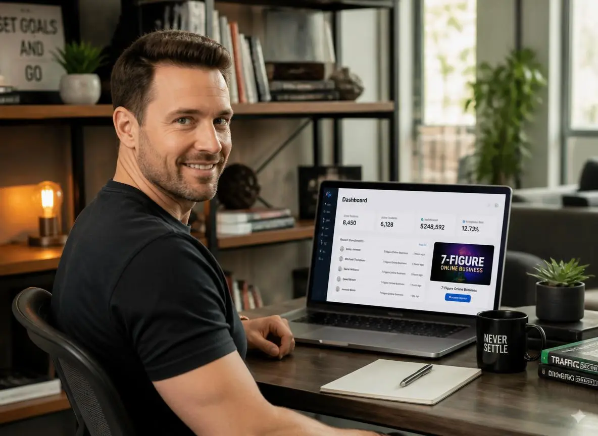 Confident entrepreneur at a modern home office desk with a laptop displaying an online course dashboard showing enrolled students and revenue metrics with a branded course thumbnail on screen