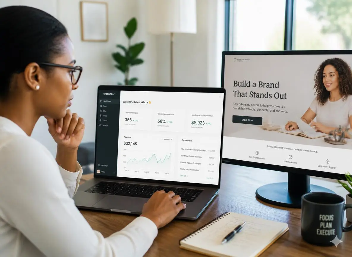Focused online educator reviewing a Teachable course hosting dashboard on a laptop with enrollment numbers, student completion rates, and revenue analytics in a bright modern office