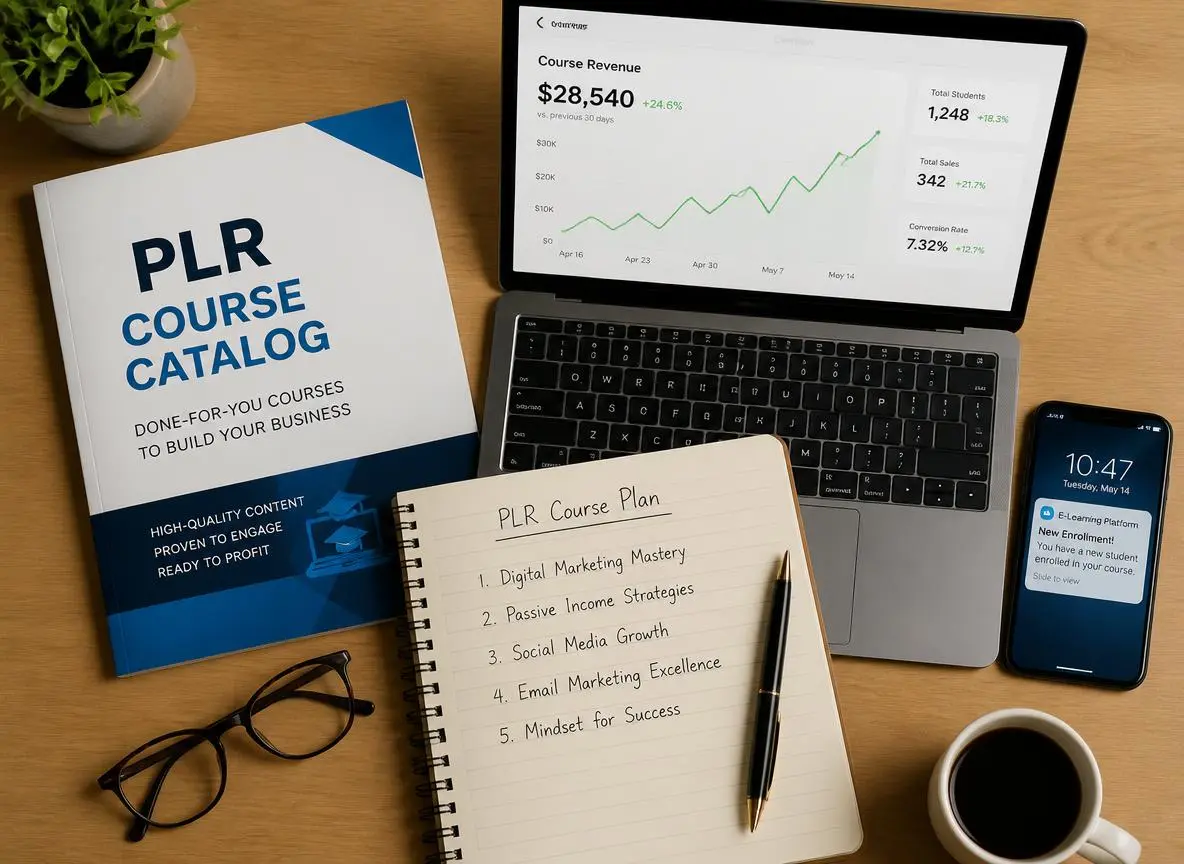 Top-down flat lay showing a printed PLR course catalog planning notebook, a laptop displaying rising course revenue analytics with green trend lines, and a smartphone showing a student enrollment notification