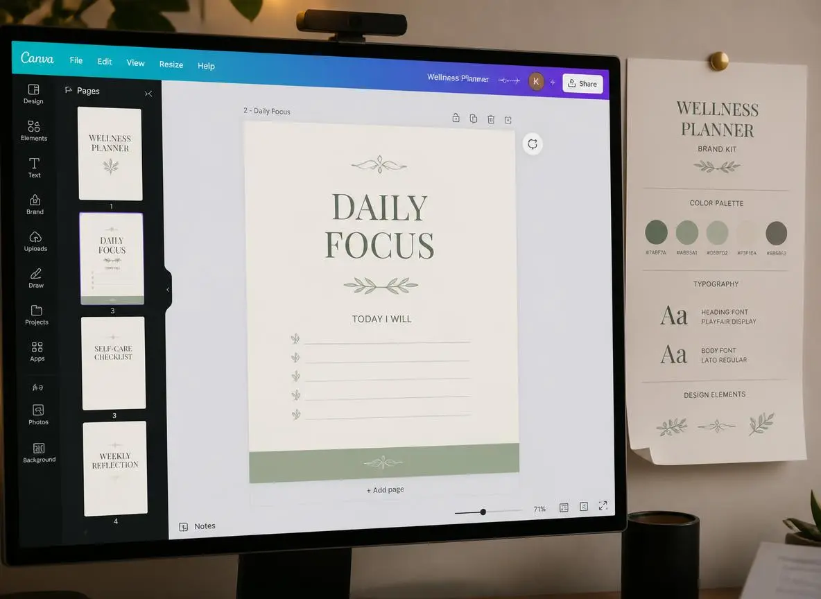 Close-up of a Canva design workspace on a large monitor showing a wellness planner being customized with a sage green and cream color palette, elegant serif typography, and decorative section dividers