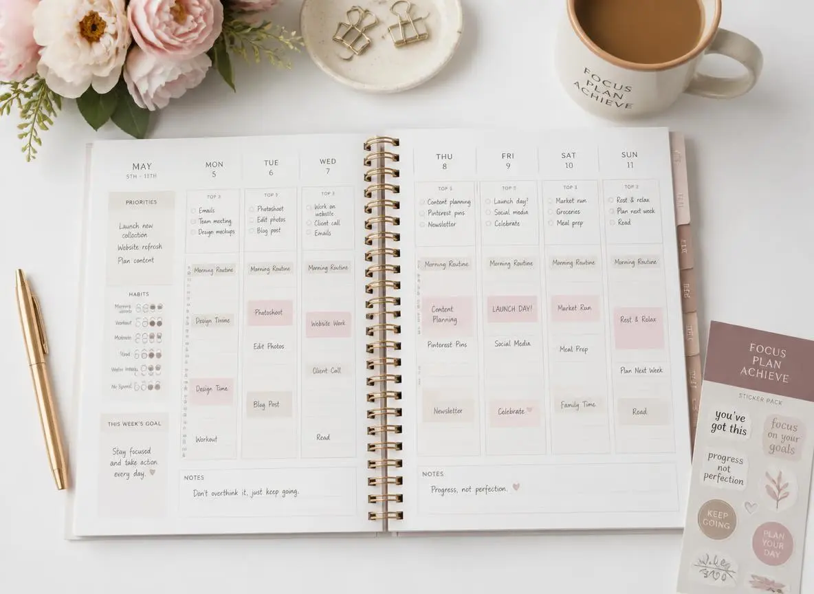 Flat lay of a premium digital planner printed open on a clean white desk surrounded by a matching pen, coffee mug, fresh flowers, and a branded sticker pack showing a beautifully designed weekly spread