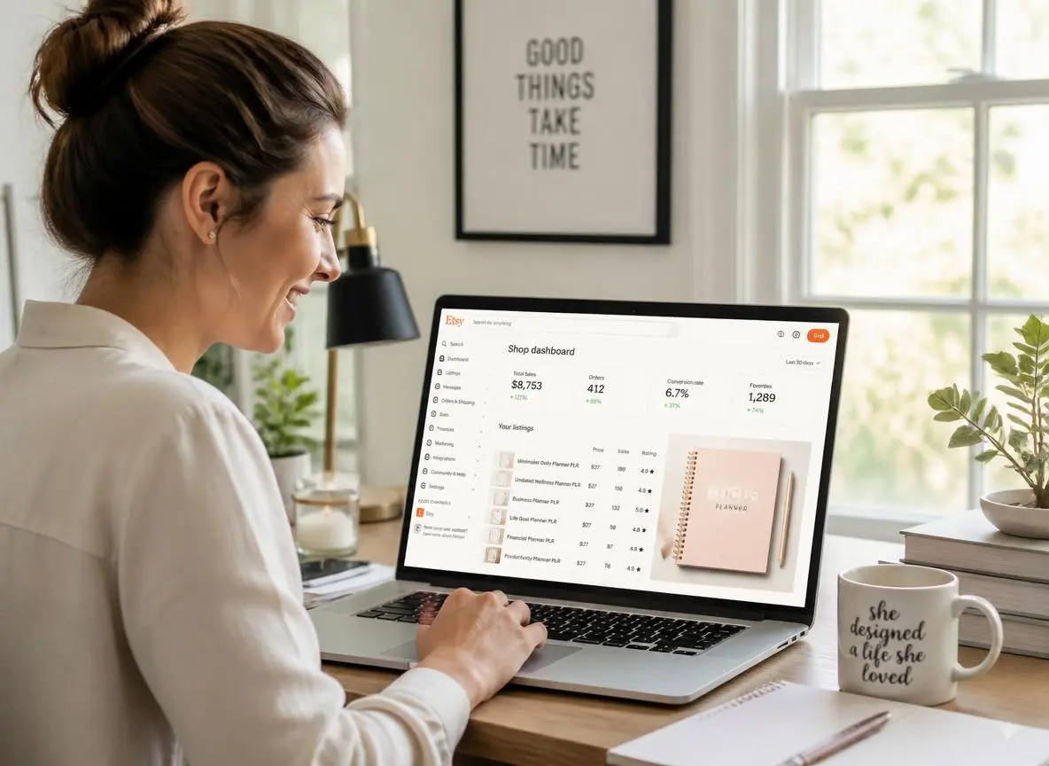 Smiling entrepreneur at a bright home office desk reviewing an Etsy shop dashboard with multiple PLR planner listings showing strong sales numbers and star ratings
