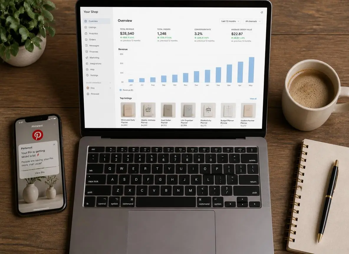 Top-down flat lay of a wooden desk with a laptop displaying a digital planner shop analytics dashboard with rising monthly revenue and a growing product catalog of seven different planner covers