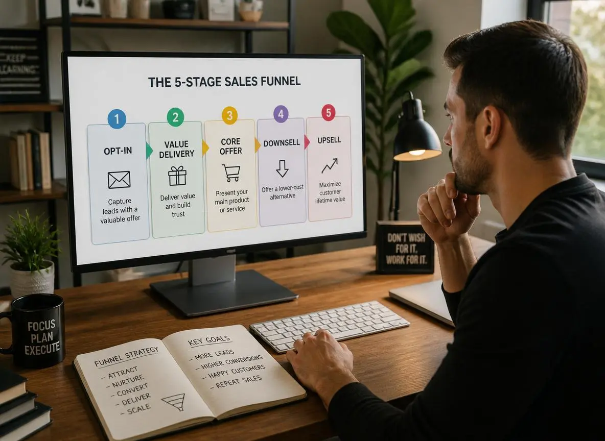 Focused entrepreneur at a modern desk reviewing a sales funnel flowchart on a large monitor showing five stages from opt-in to upsell with strategy notes nearby