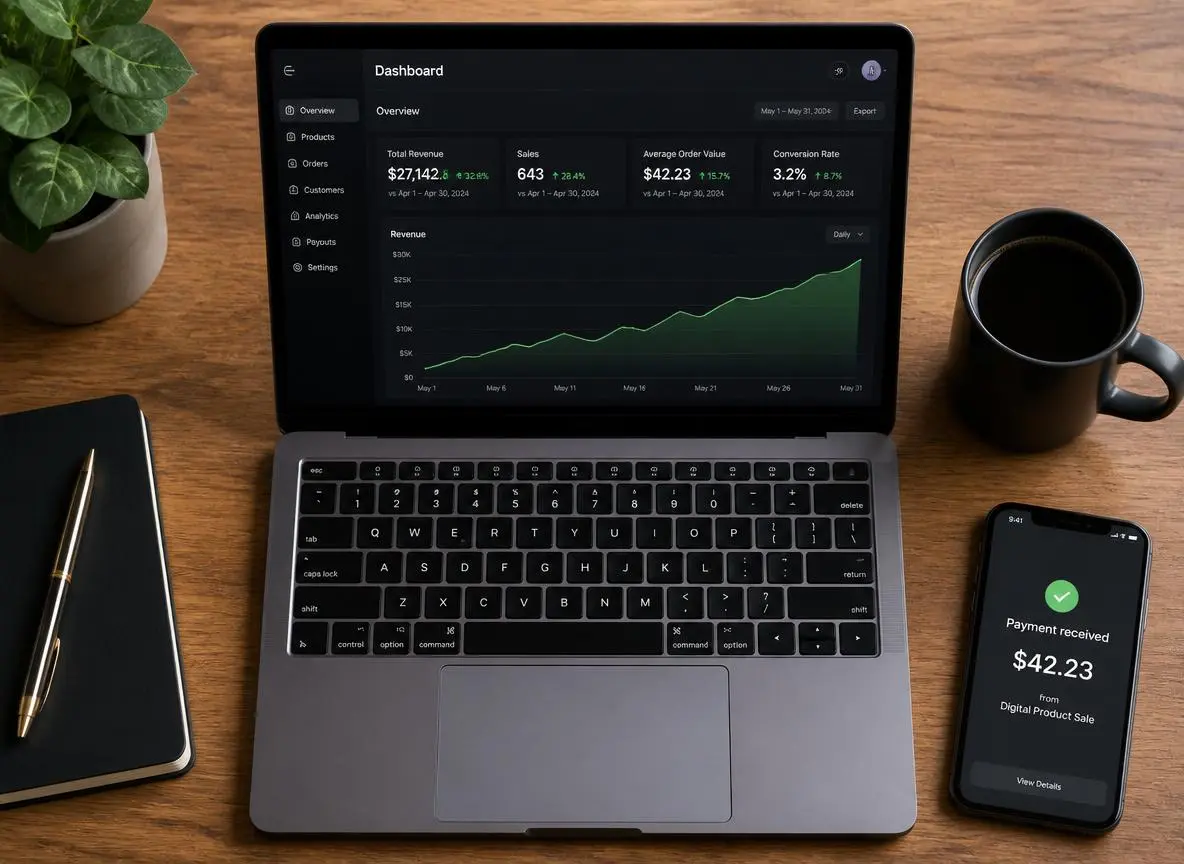 Top-down flat lay of a wooden desk with a laptop displaying a digital product revenue analytics dashboard showing rising sales and average order value metrics with a payment notification on a smartphone
