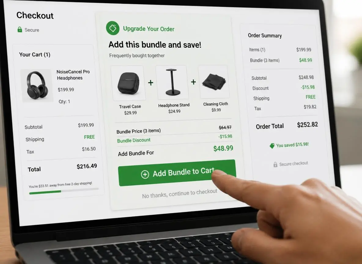 Customer adding an upsell PLR bundle to their online shopping cart at checkout
