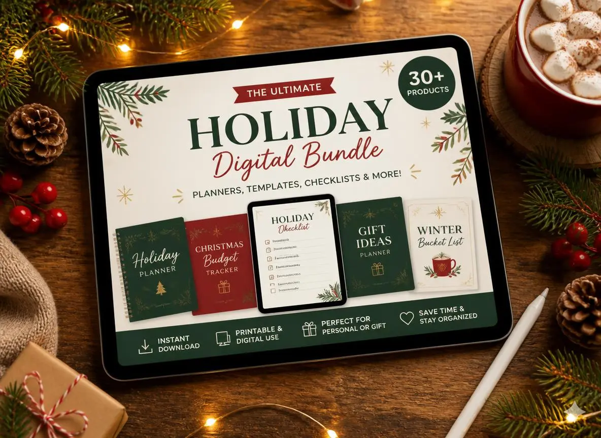 Seasonal holiday themed PLR digital bundle mockup with festive cover design