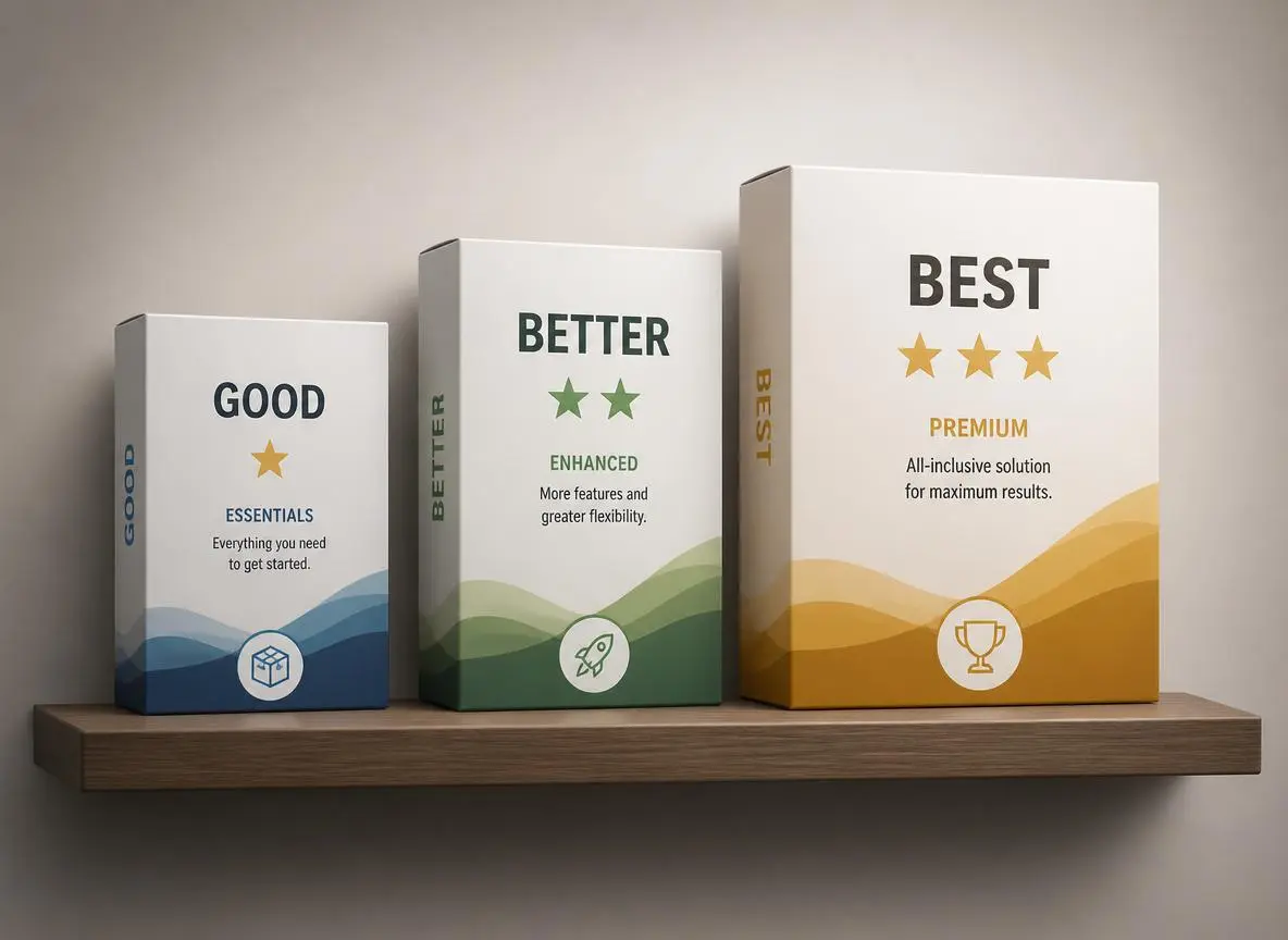 Three tiered PLR bundle boxes representing good better best pricing packages
