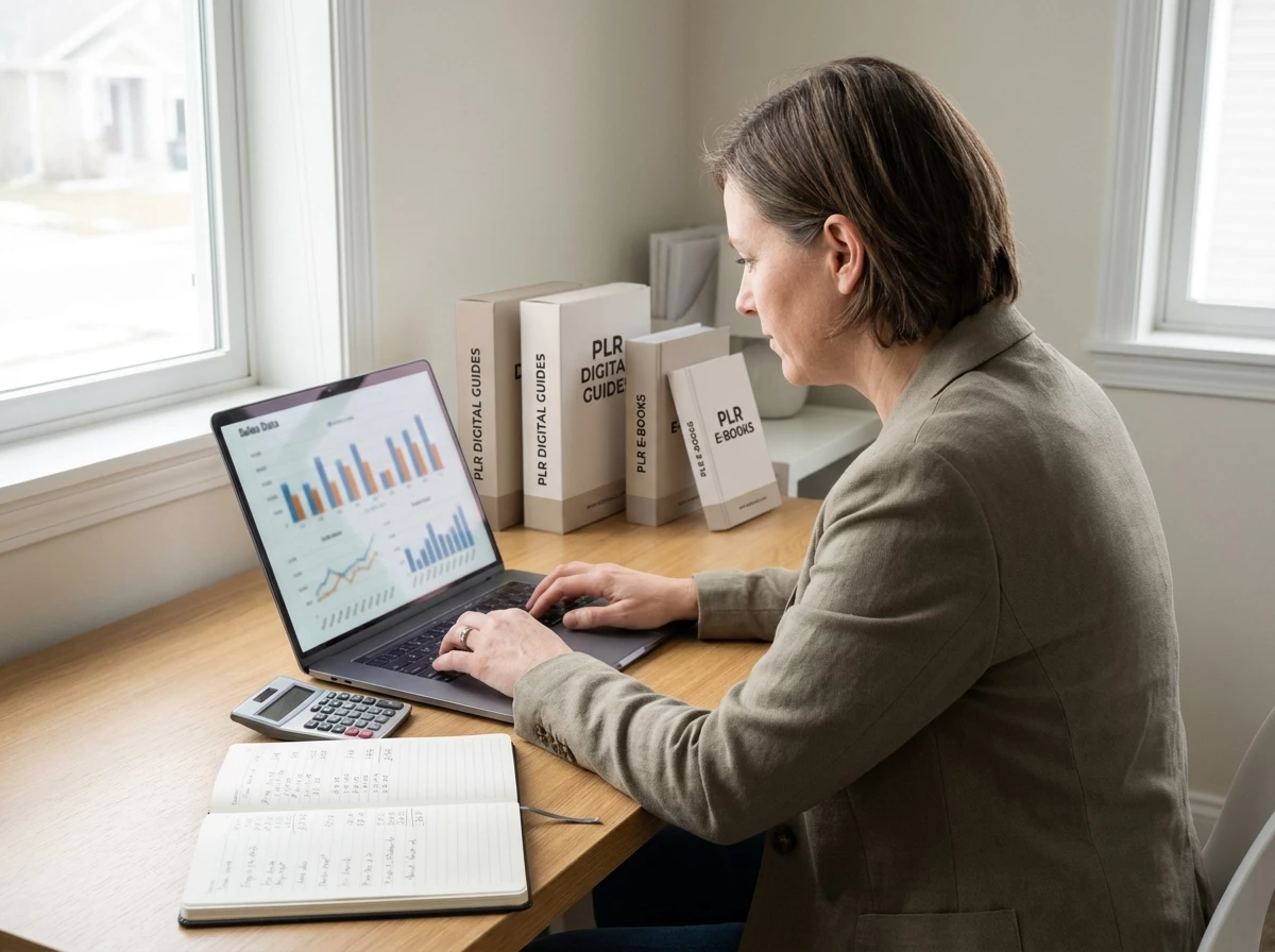 Entrepreneur reviewing PLR product pricing, revenue and sales performance