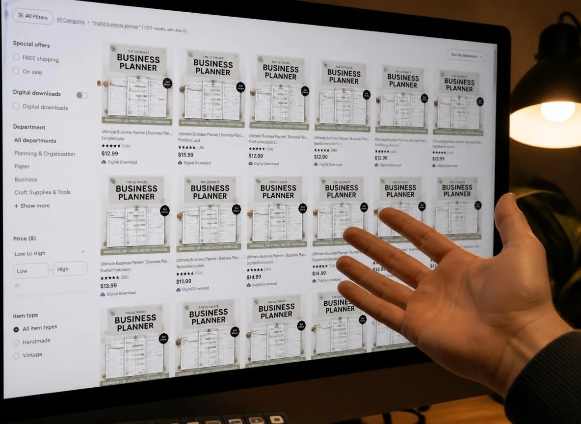 Close-up of a digital marketplace search results page showing dozens of nearly identical digital product listings with the same cover template, fonts, and layout
