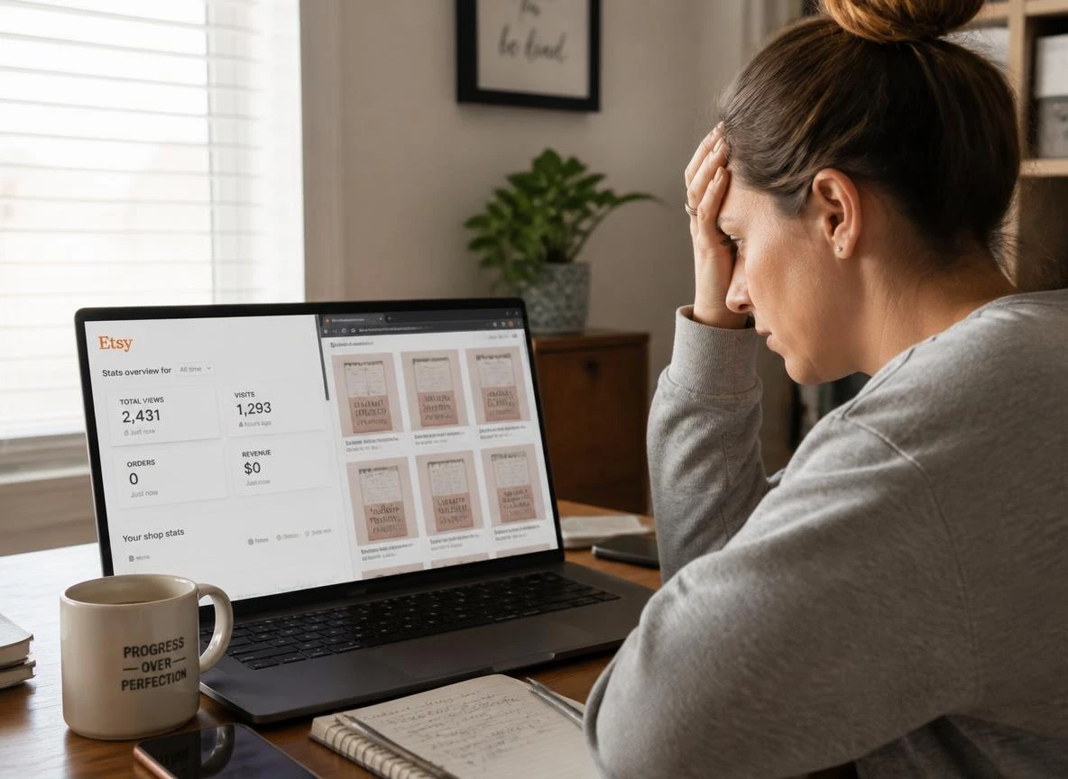 Frustrated digital seller at a home office desk staring at a laptop showing zero sales on an Etsy dashboard with identical unedited PLR covers visible in a browser tab